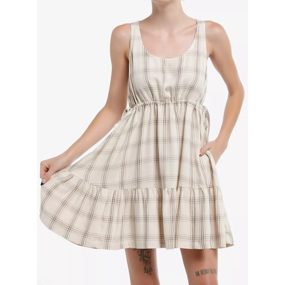 NWT Thorn & Fable X Hot Topic Tank Dress Womens SM Beige Brown Plaid Baby Doll